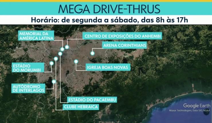 Mapa dos postos drive-thru — Foto: Reprodução/TV Globo
