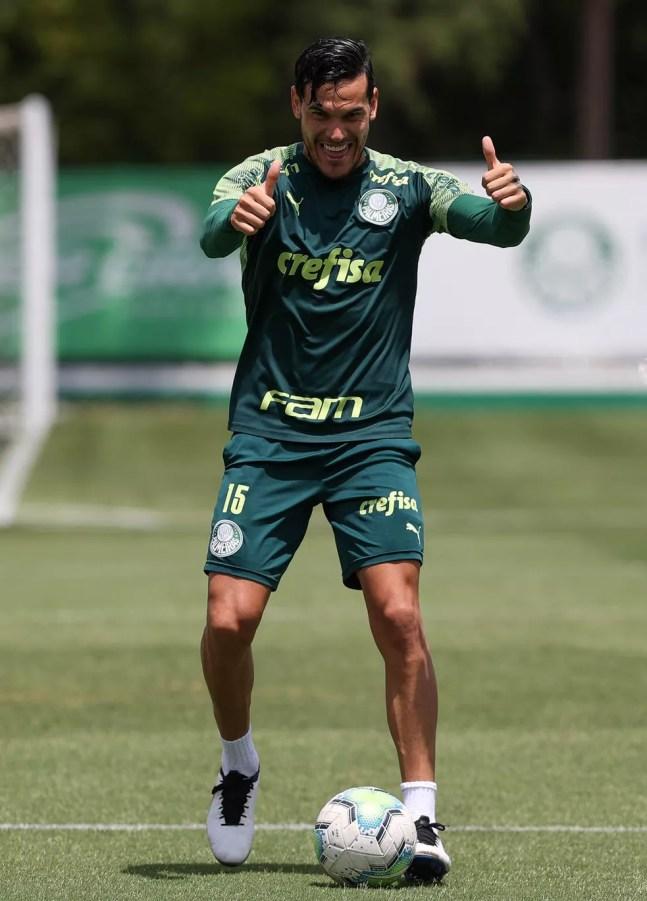 Gustavo Gómez evoluiu na recuperação e trabalhou com os preparadores físicos do Palmeiras — Foto: Cesar Greco/Ag. Palmeiras