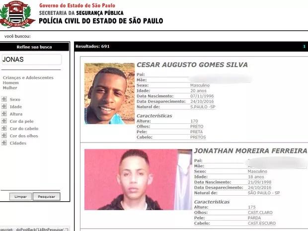 Quatro dos cinco rapazes que sumiram tiveram suas fotos e dados divulgados no site de pessoas desaparecidas da Polícia Civil de São Paulo (Foto: Reprodução/Polícia Civil)
