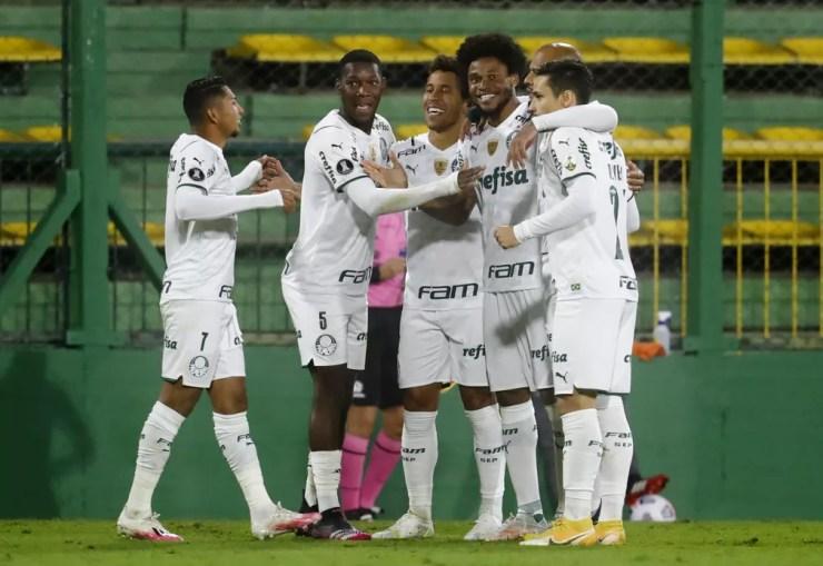 Jogadores do Palmeiras comemoram na vitória sobre o Defensa y Justicia — Foto: REUTERS/Marcos Brindicci