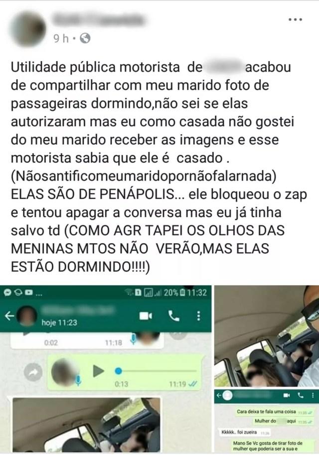 Mulher que recebeu foto de passageiras dormindo publicou nas redes sociais repudiando ação do motorista — Foto: ATAPP/Divulgação