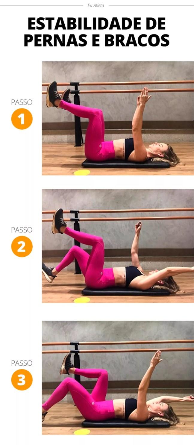Passo a passo para realizar abdominal com estabilidade dos movimentos de pernas e braços — Foto: Divulgação/Stephanie Iara Personal Trainer e Consultoria