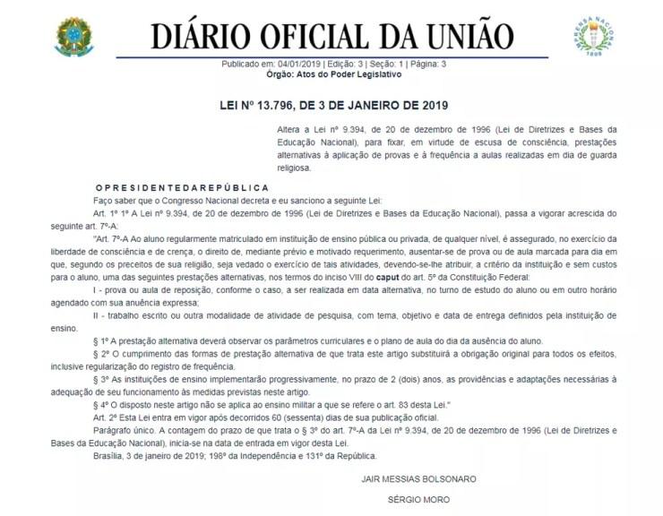 Íntegra do projeto de relevância para a liberdade religiosa brasileira  — Foto: Diário Oficial da União