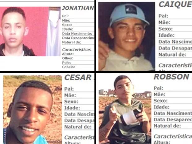Quatro dos cinco rapazes desaparecidos quando iam a festa na Grande São Paulo (Foto: Montagem/Reprodução/Polícia Civil de São Paulo)