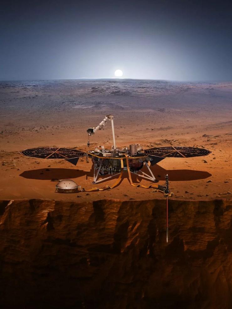 Ilustração artística mostra como a InSight vai estudar o interior de Marte.  — Foto: NASA