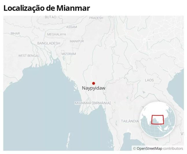 Mapa mostra a localização de Mianmar, com a capital, Naypyiadaw, destacada — Foto:  G1