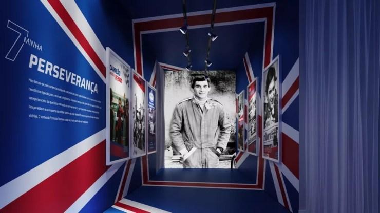 Sala da exposição que conta sobre a fase em que Senna viveu na Inglaterra — Foto: Divulgação