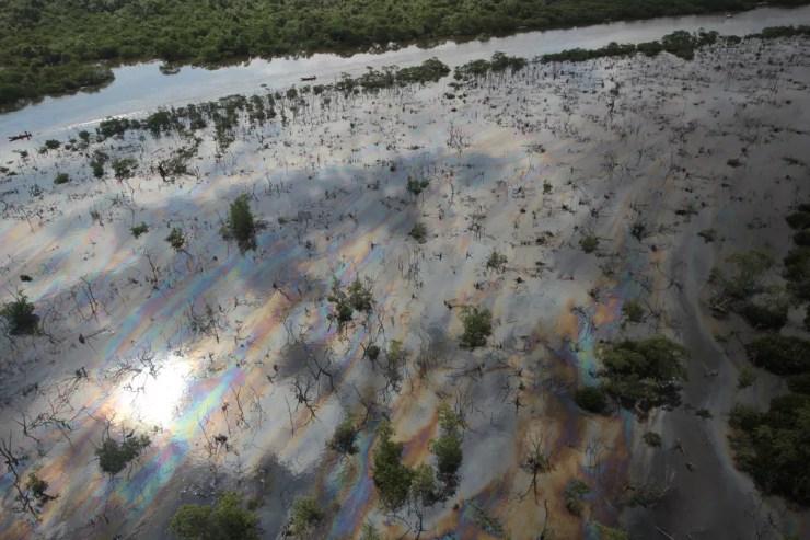 Vazamento de óleo no Rio Estrela atingiu a Baía de Guanabara, no RJ — Foto: Mário Moscatelli/ Projeto Olho Verde