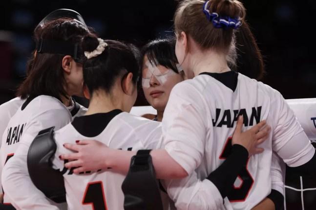 Japão em atuação no goalball feminino em Tóquio — Foto: REUTERS/Bernadett Szabo