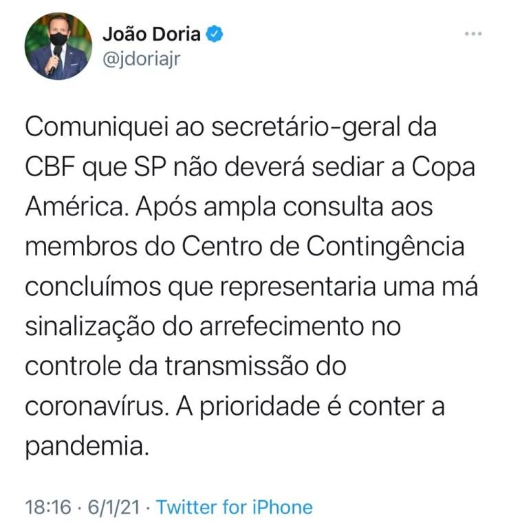 Governador de São Paulo, João Doria (PSDB) fala sobre Copa América no Twitter. — Foto: Reprodução/Twitter