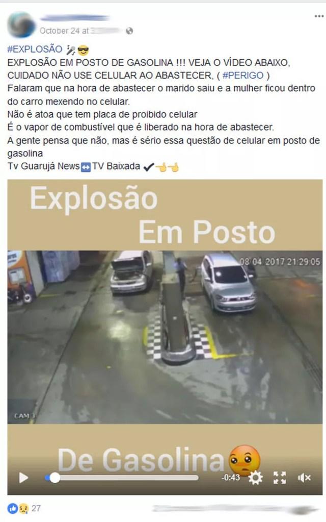 Notícia de carro explodindo em posto de combustíveis por conta de celular é falsa (Foto: Reprodução/Facebook)