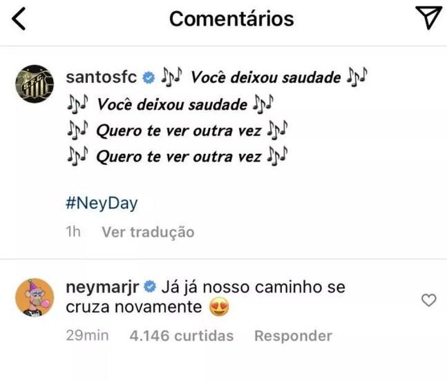 Neymar respondendo homenagem do Santos no Instagram — Foto: Reprodução
