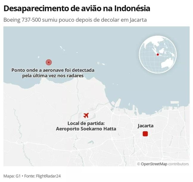 MAPA: Local do desaparecimento da aeronave da Sriwijaya Air na Indonésia — Foto: G1 Mundo
