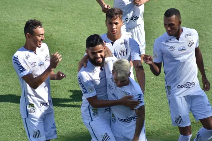 Jogadores comemoram gol de Soteldo em Santos x Botafogo — Foto: JOTA ERRE/AGÊNCIA O DIA/AGÊNCIA O DIA/ESTADÃO CONTEÚDO