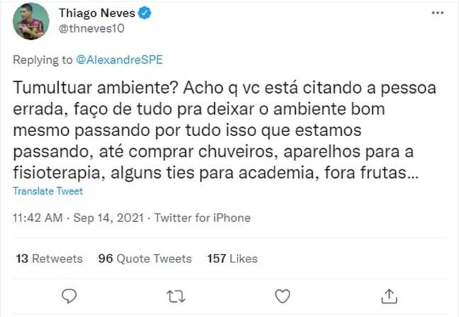 Thiago Neves responde críticas de torcedor do Sport — Foto: Reprodução