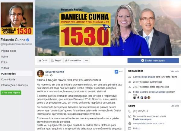 Página pessoal de Eduardo Cunha no Facebook se tornou praticamente site da candidatura de Danielle Cunha. — Foto: Reprodução, Facebook