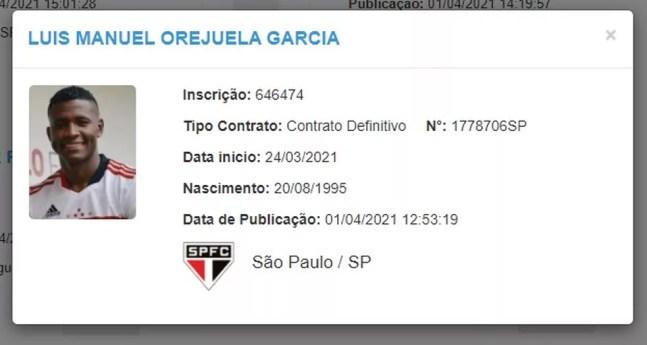 Orejuela registrado no BID pelo São Paulo — Foto: Reprodução