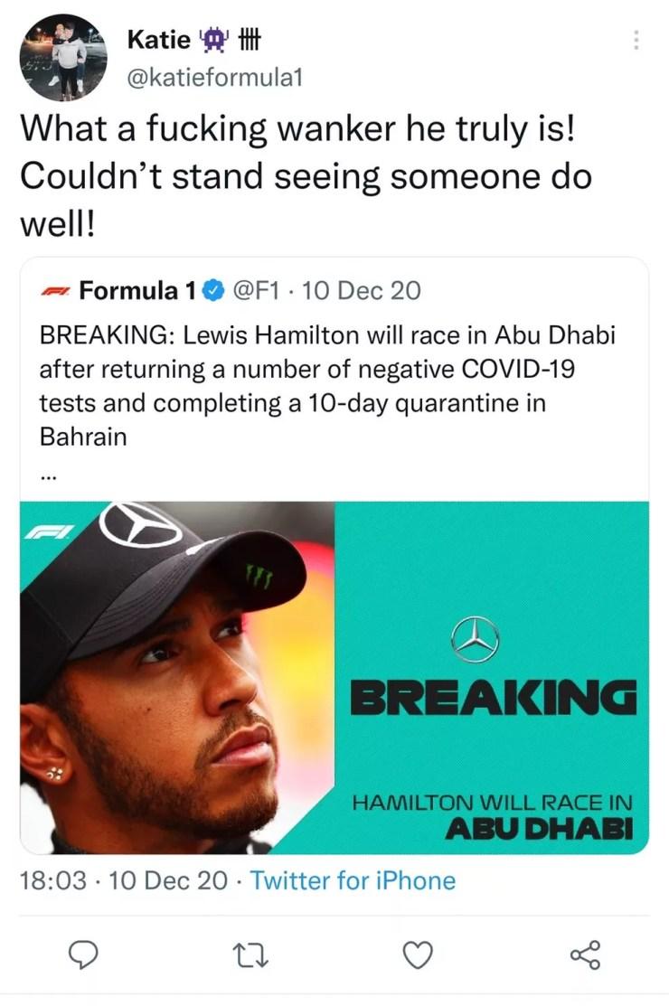 Funcionária da McLaren é investigada por postagens ofensivas contra Lewis Hamilton — Foto: Reprodução/Twitter