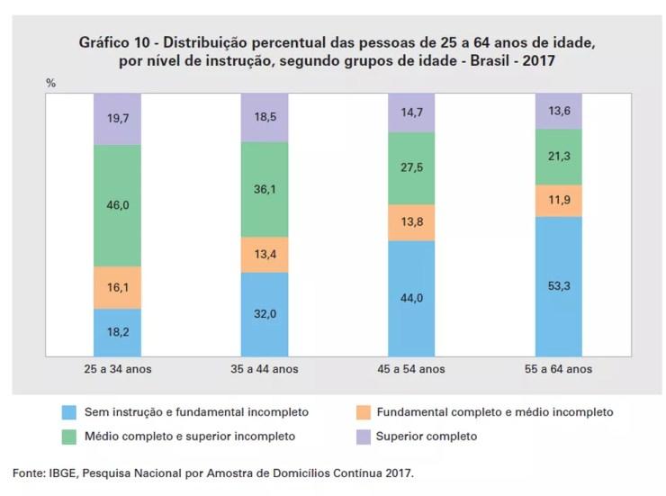 Distribuição de nível de instrução por idade em 2017 — Foto: Reprodução/IBGE