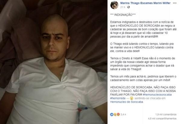 Mulher de Thiago faz post indignada com a Colsan Sorocaba (Foto: Facebook/Reprodução)