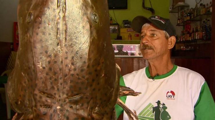 Pintado de 60 quilos pescado em Barretos, SP, é uma raridade, diz professor (Foto: Reprodução/EPTV)