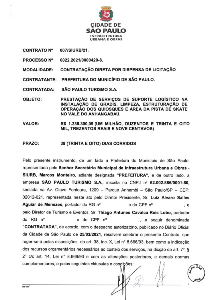 Contrato de manutenção do 'Novo Vale Anhangabaú', firmado entre a Prefeitura de SP e a SPTuris.  — Foto: Reprodução
