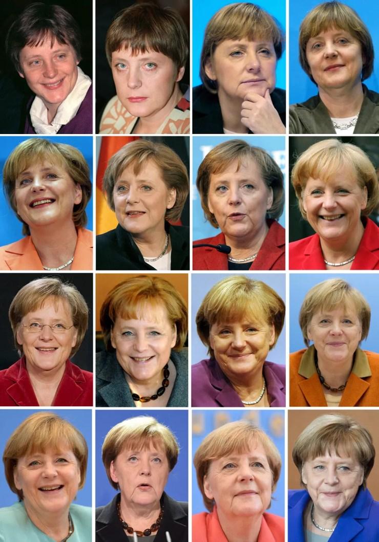 A primeira-ministra alemã Angela Merkel ao longo de sua carreira política, entre os anos de 1991 a 2016 — Foto: DPA via AFP/Arquivo