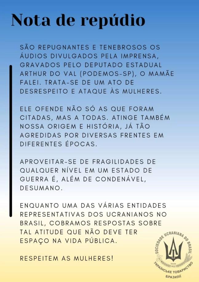 Nota da Sociedade Ucraniana do Brasil sobre áudios do deputado Arthur do Val (Podemos) — Foto: Reprodução