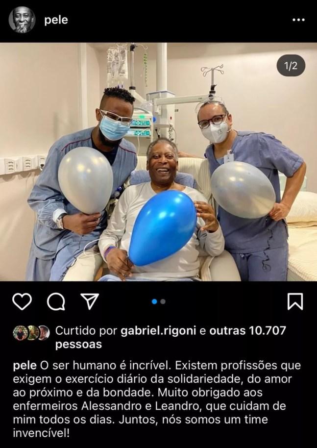 Pelé agradece enfermeiros em hospital — Foto: Reprodução