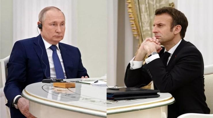 Os presidentes da Rússia, Vladimir Putin, e da França, Emmanuel Macron, se encontram em Moscou em 7 de fevereiro de 2022 — Foto: Montagem/g1