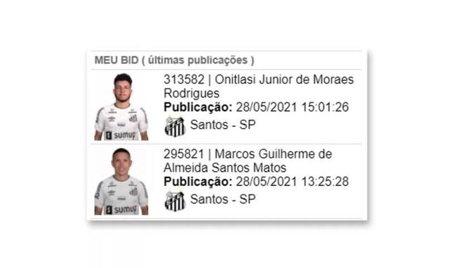 Moraes e Marcos Guilherme, reforços do Santos, aparecem no BID e são liberados para jogar — Foto: Reprodução