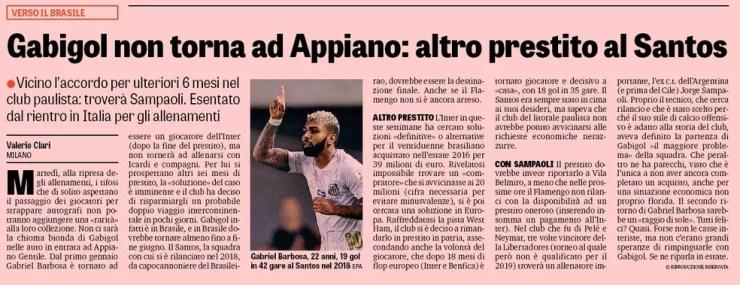 Jornal italiano diz que Gabigol pode ser reemprestado ao Santos por mais seis meses — Foto: Reprodução
