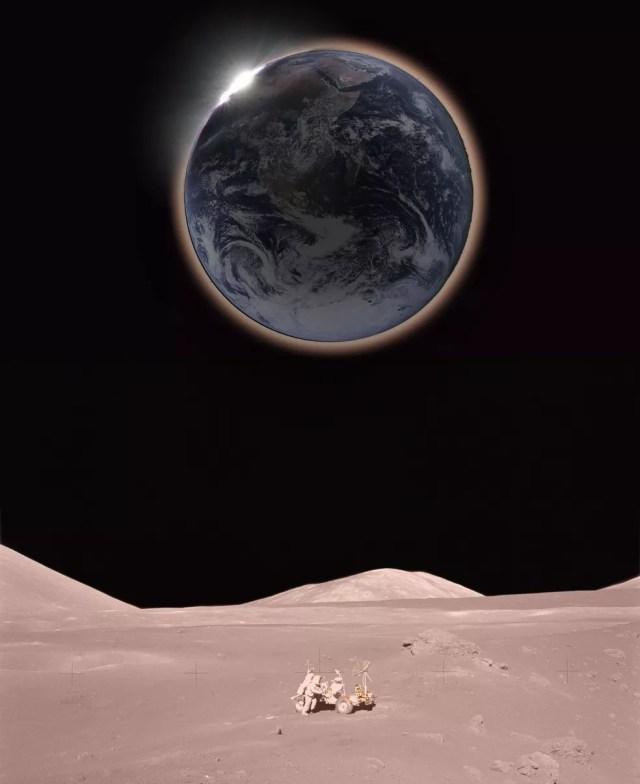 Ilustração mostra como seria observar o eclipse da perspectiva da Lua (Foto: Hana Gartstein )