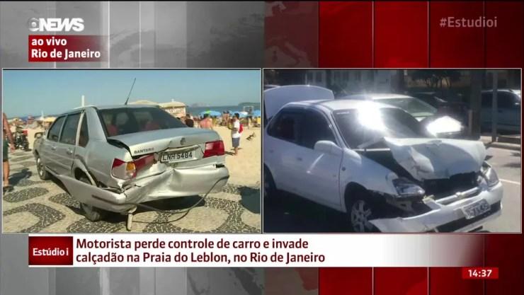 Carros bateram e um deles invadiu o calçadão em dia de praia cheia no Rio (Foto: Reprodução/GloboNews)