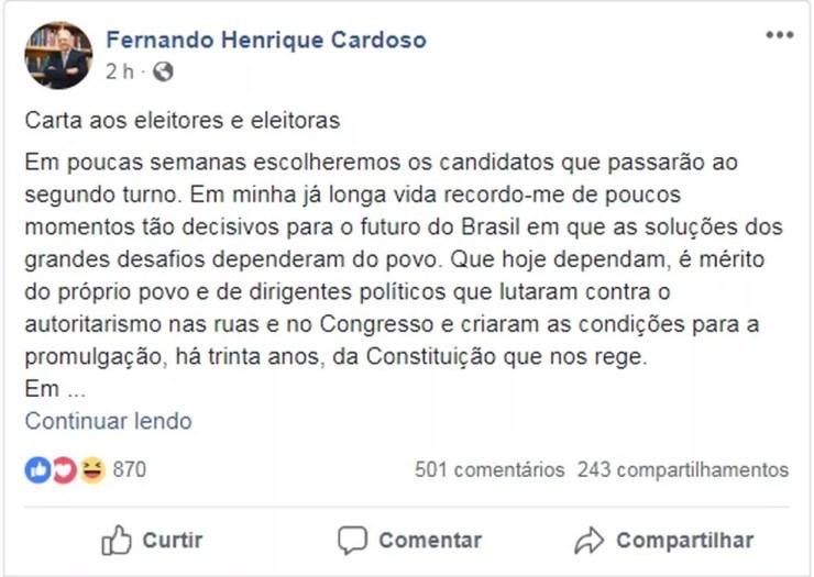 Carta do ex-presidente Fernando Henrique Cardoso, divulgada nesta quinta-feira (20) — Foto: Reprodução