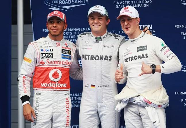 Lewis Hamilton, Nico Rosberg e Michael Schumacher no GP da China de 2012 — Foto: Mark Thompson/Getty Images