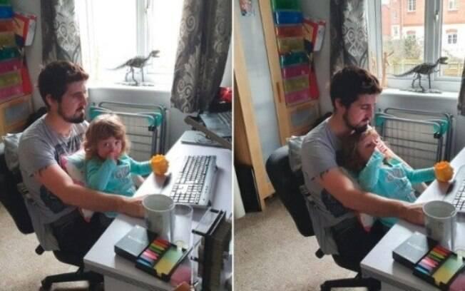 Esse desistiu de todas as tentativas e deixou a filha sentar no colo e comer um lanchinho durante o trabalho do pai.. Foto: Twitter