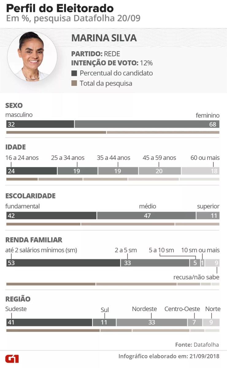 Pesquisa Datafolha - Perfil do eleitorado de Marina Silva, conforme divisão dentro das faixas de gênero, idade, escolaridade, renda e região — Foto: Arte / G1