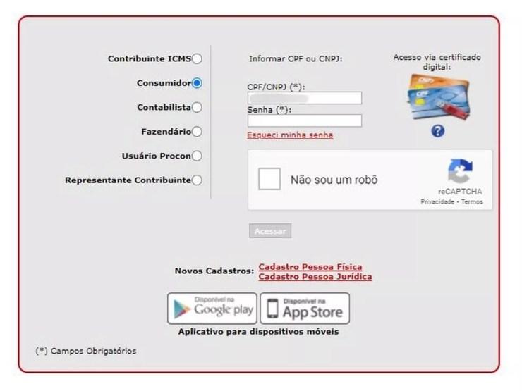 Tela inicial de acesso ao sistema da Nota Fiscal Paulista, da Secretaria Estadual da Fazenda e Planejamento — Foto: Reprodução