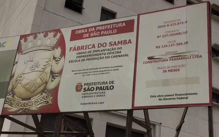 Prefeitura de São Paulo estimava que obra da Fábrica do Samba custaria R$ 124 milhões em 2010. Em 2017, valor estimado já era de R$ 200 milhões — Foto: Vivian Reis/G1