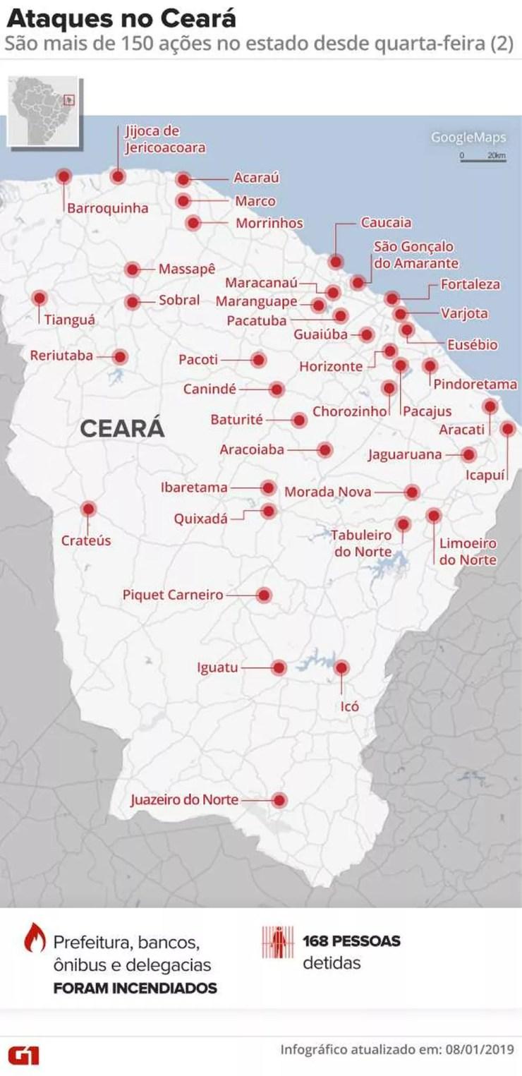 Ceará registra série de ataques criminosos — Foto: Infográfico: Juliane Monteiro/G1