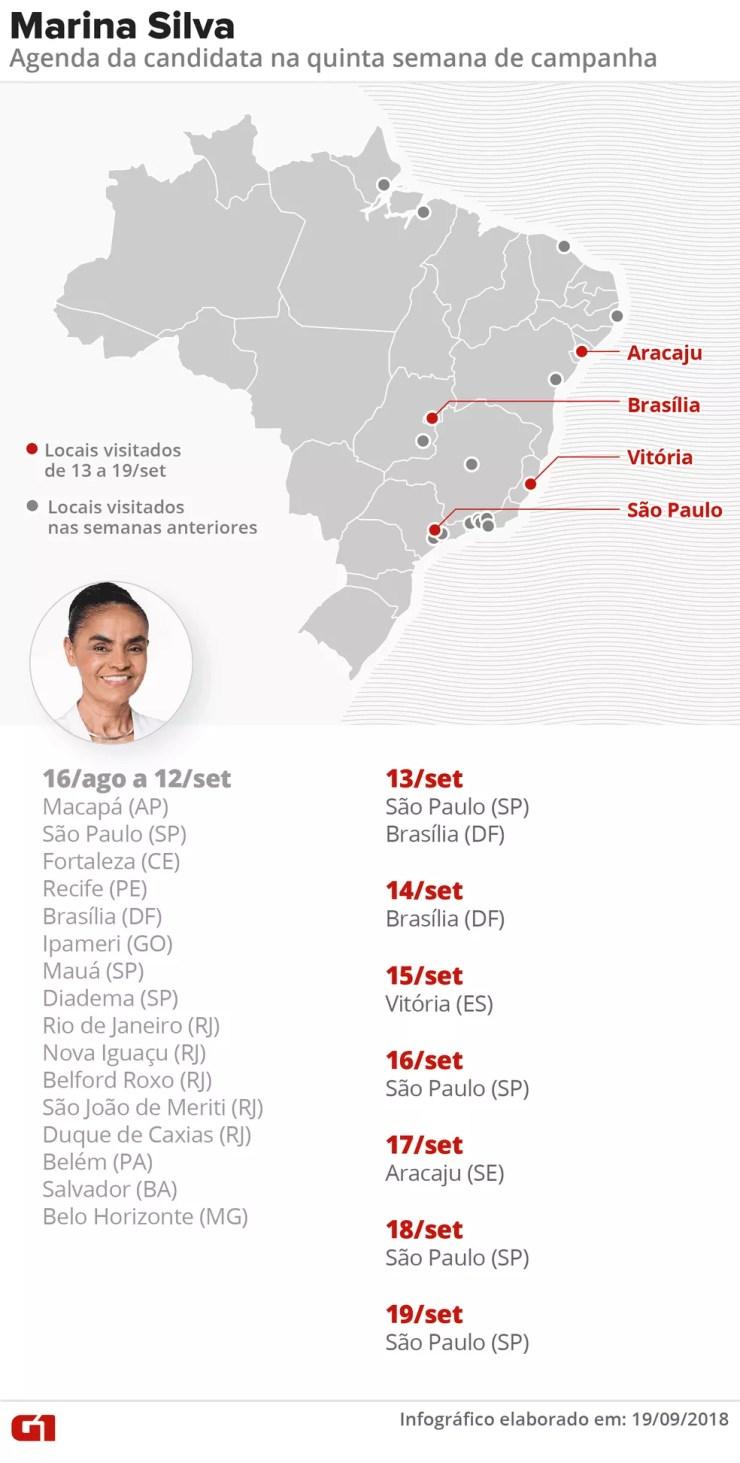 Mapa das agendas de campanha de Marina Silva — Foto: Juliane Monteiro e Alexandre Mauro/G1