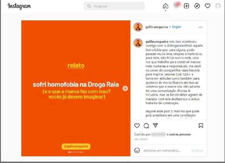 Galileu Nogueira usou sua rede social para denunciar ter sido vítima de homofobia na Droga Raia em São Paulo — Foto: Reprodução/Rede social