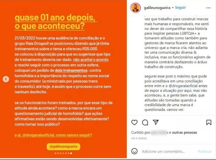 Galileu Nogueira usou as redes sociais para denunciar homofobia — Foto: Reprodução/Instagram
