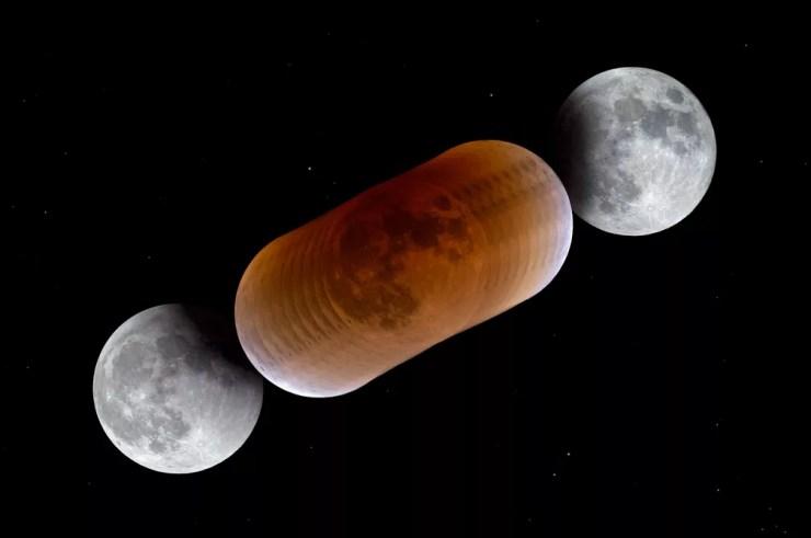 Foto mostra a Lua em diferentes fases durante um eclipse lunar total (Foto: P. Horálek/ESO)