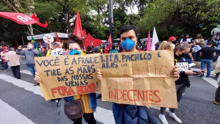 Manifestantes seguram cartazes contra o voto impresso, defendido por Bolsonaro, e contra a atuação do Congresso Nacional em relação às suspeitas sobre o governo federal  — Foto: Rodrigo Rodrigues/G1