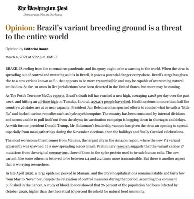 'Chega de frescura, de mimimi': frase de Bolsonaro repercute na imprensa internacional — Foto: Reprodução/Washington Post