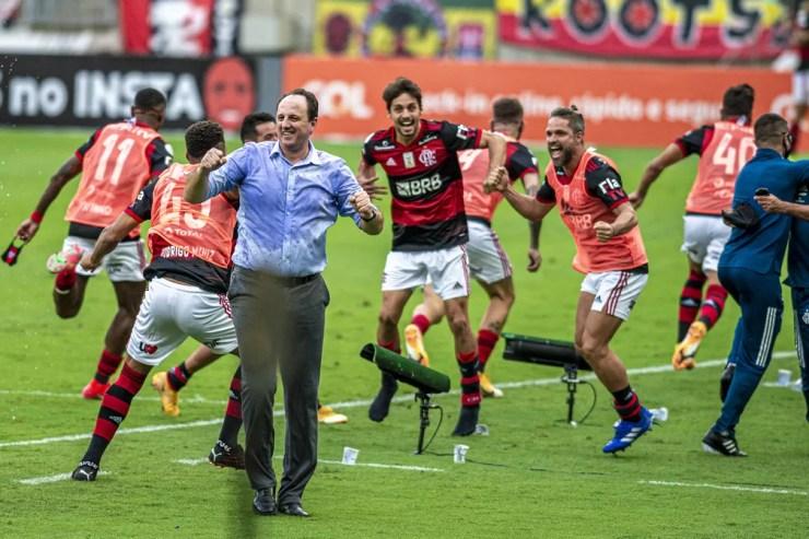 Rogério Ceni e jogadores comemoram gol da virada do Flamengo contra o Internacional — Foto: Marcelo Cortes / CRF