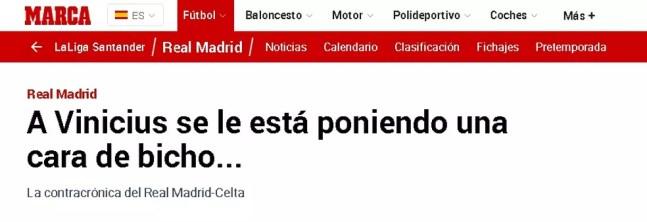 O "Marca" escreve que Vinicius está colocando uma "cara de bicho", no sentido de que está sendo cada vez mais agressivo e insinuante pelo Real Madrid  — Foto: Reprodução/Marca