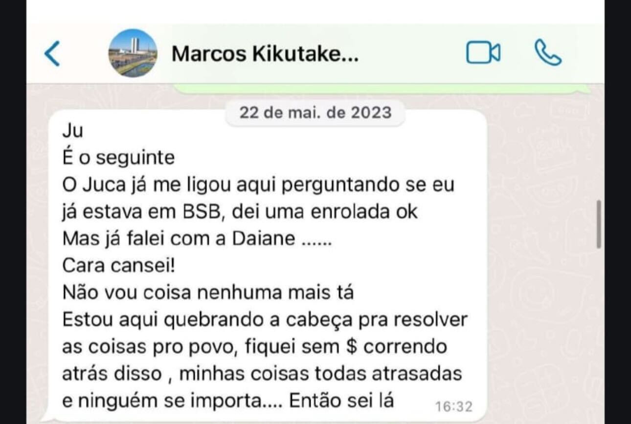 Em outro print, Marcos menciona “Juca” e diz estar cansado